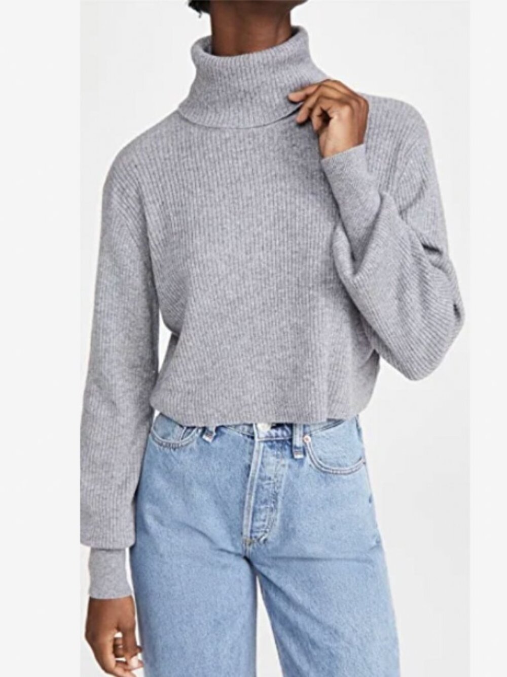Reformation Luisa Gray 100% Cashmere Wool Cropped Turtleneck Sweater Long SLV S